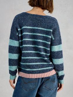White Stuff Tamara V-Neck Textured Stripe Jumper, Blue/Multi - view 2, Blue/Multi