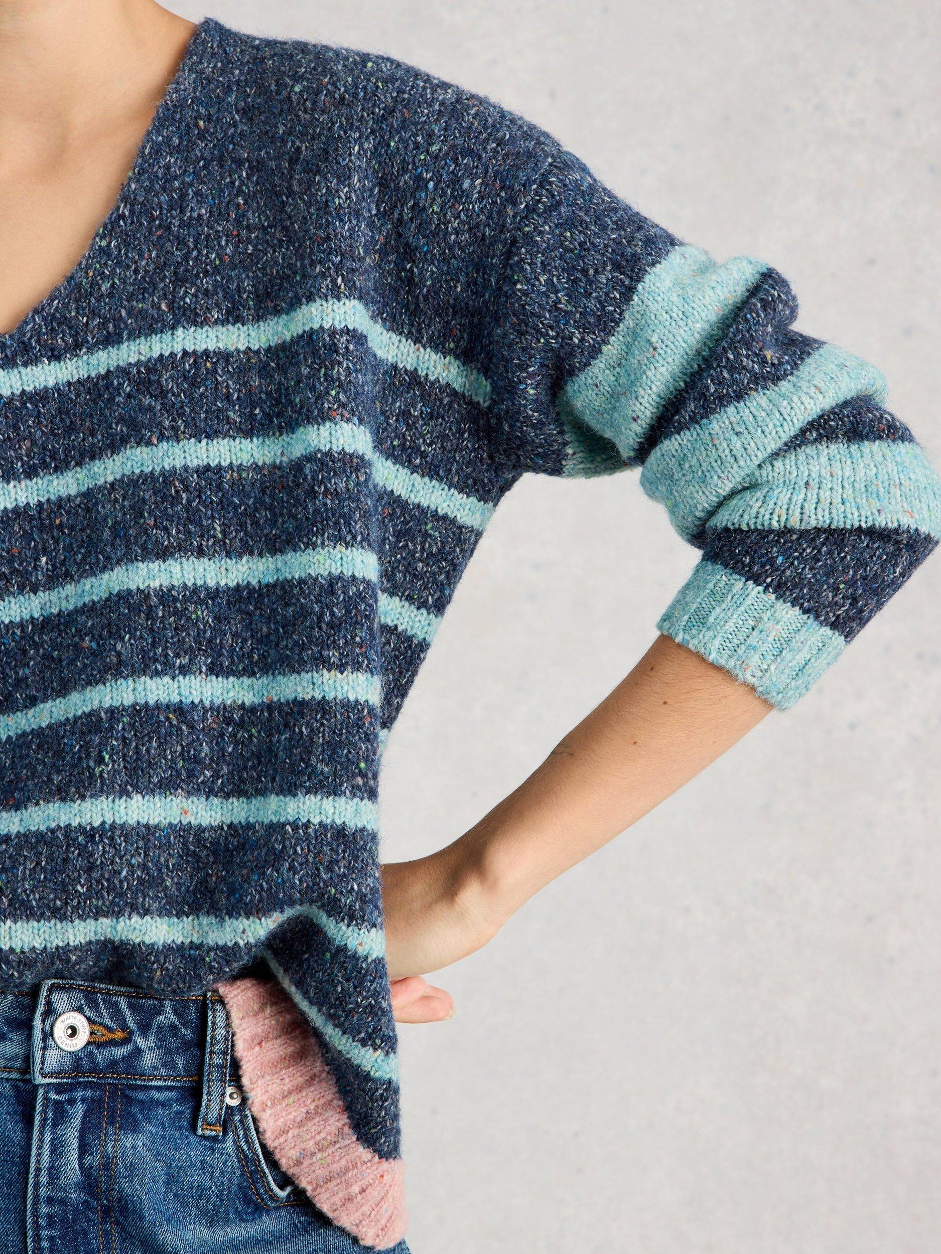 Product image 3 of 6, which shows White Stuff Tamara V-Neck Textured Stripe Jumper, Blue/Multi, 6