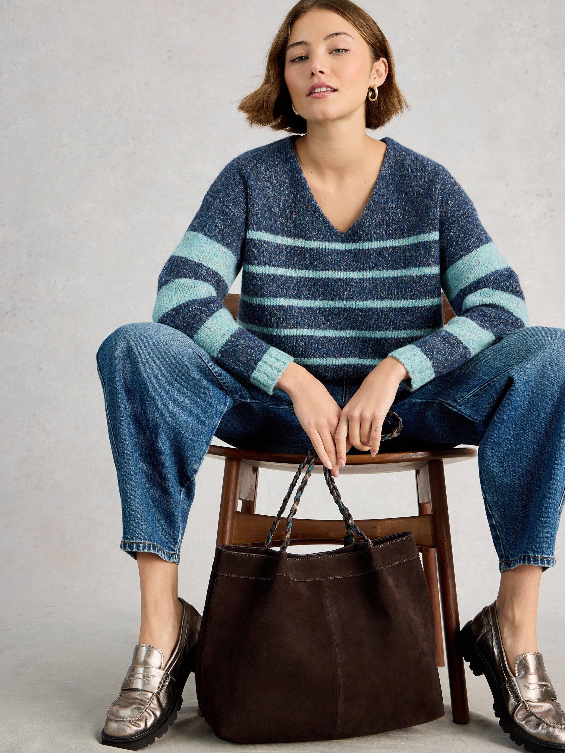 Product image 4 of 6, which shows White Stuff Tamara V-Neck Textured Stripe Jumper, Blue/Multi, 6