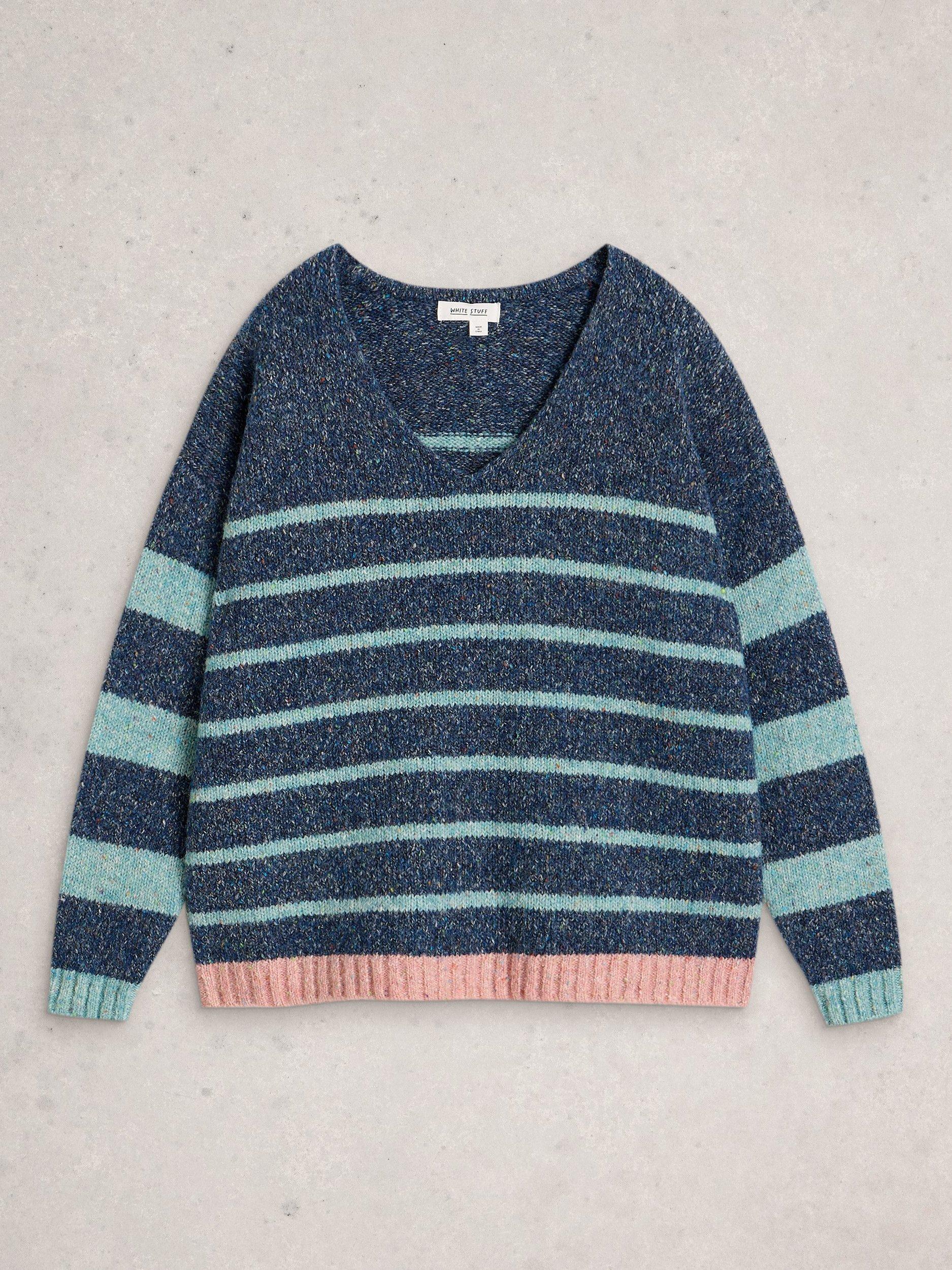 Product image 5 of 6, which shows White Stuff Tamara V-Neck Textured Stripe Jumper, Blue/Multi, 6