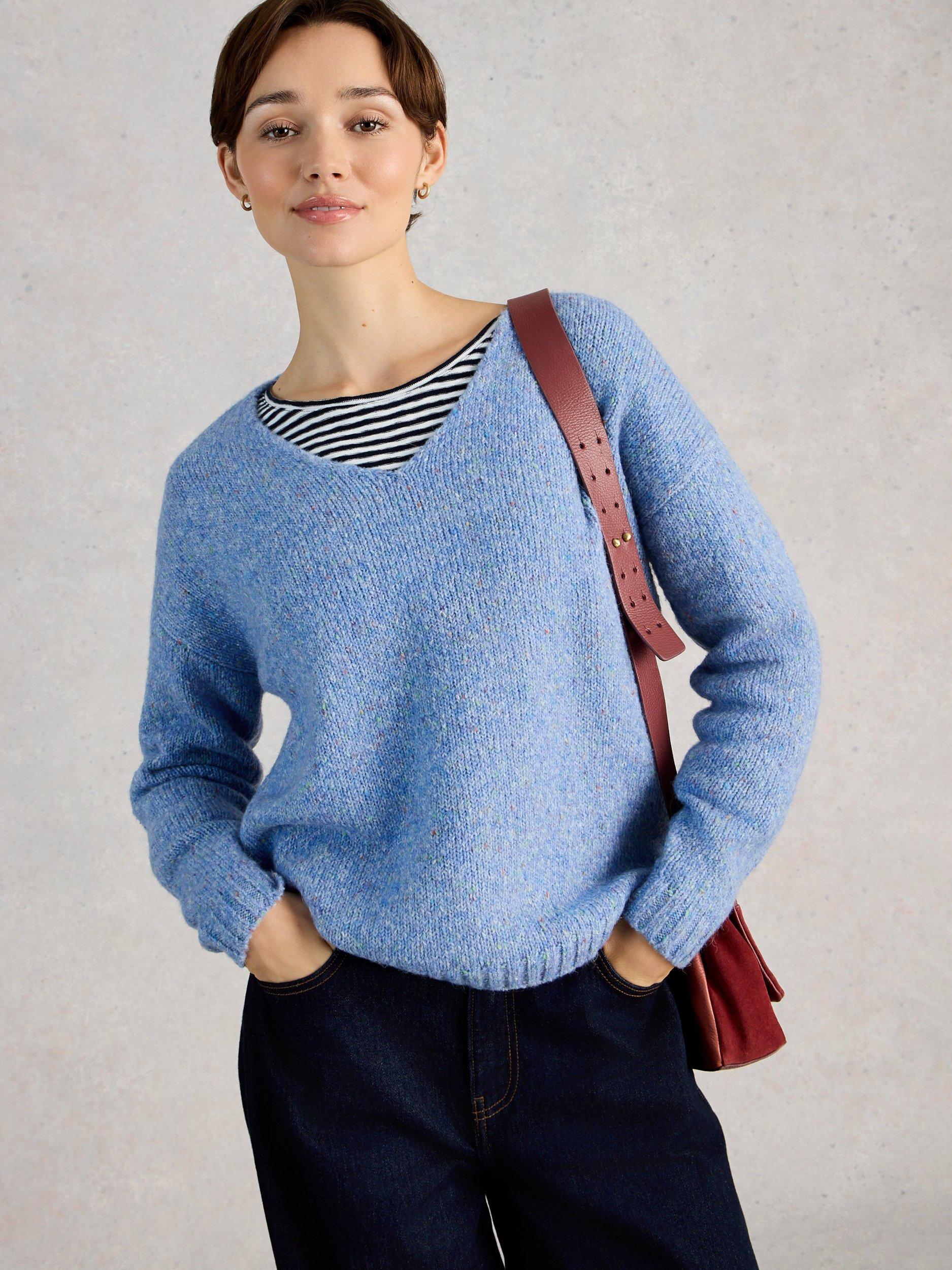Product image 3 of 6, which shows White Stuff Tamara V-Neck Textured Jumper, Blue, 6