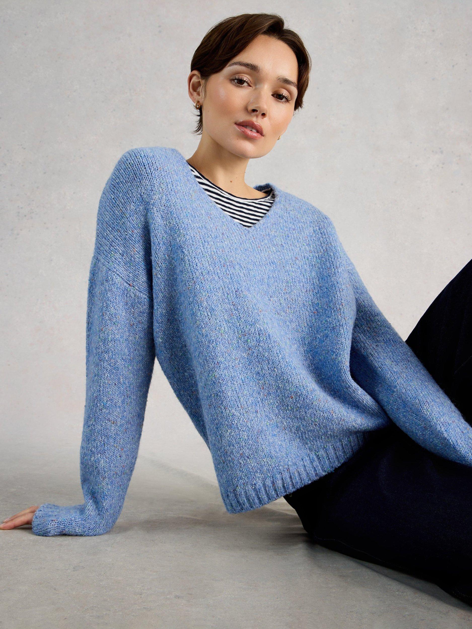 Product image 4 of 6, which shows White Stuff Tamara V-Neck Textured Jumper, Blue, 6