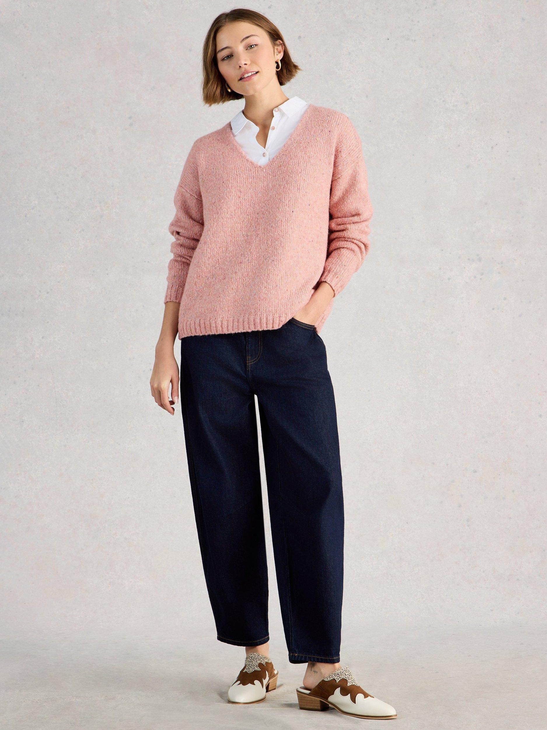 Product image 1 of 6, which shows White Stuff Tamara V-Neck Textured Jumper, Pink, 6
