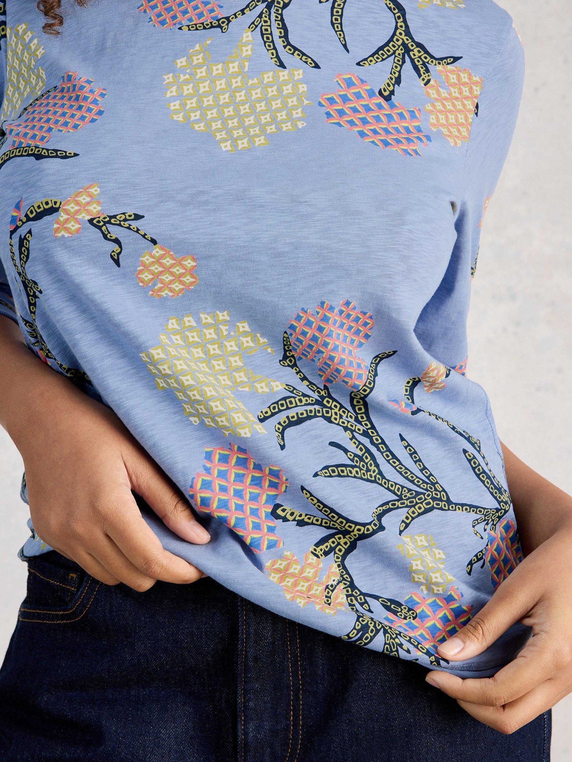 Product image 3 of 5, which shows White Stuff Clara Abstract Leaves Jersey Top, Blue/Multi, 6