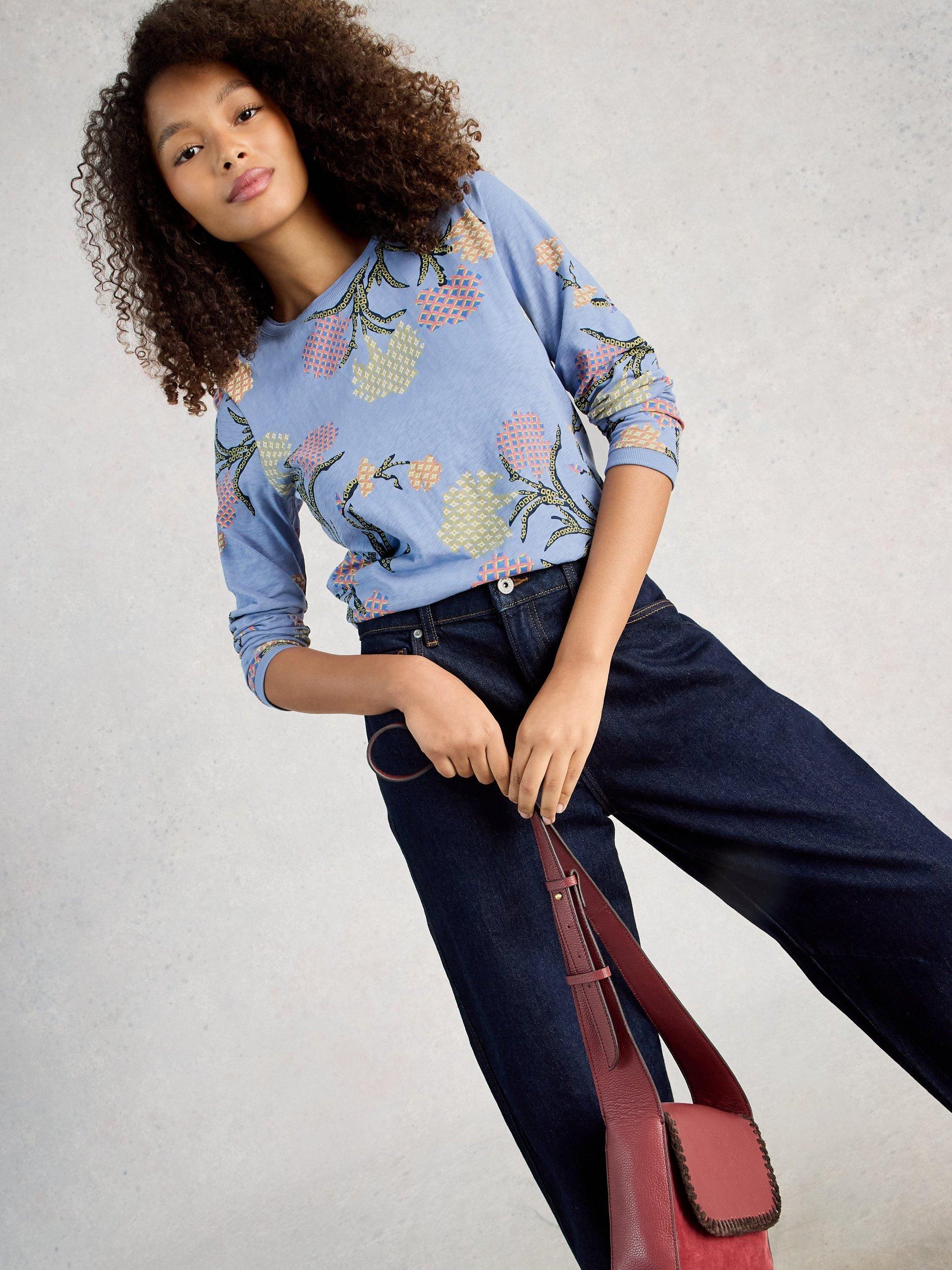 Product image 4 of 5, which shows White Stuff Clara Abstract Leaves Jersey Top, Blue/Multi, 6