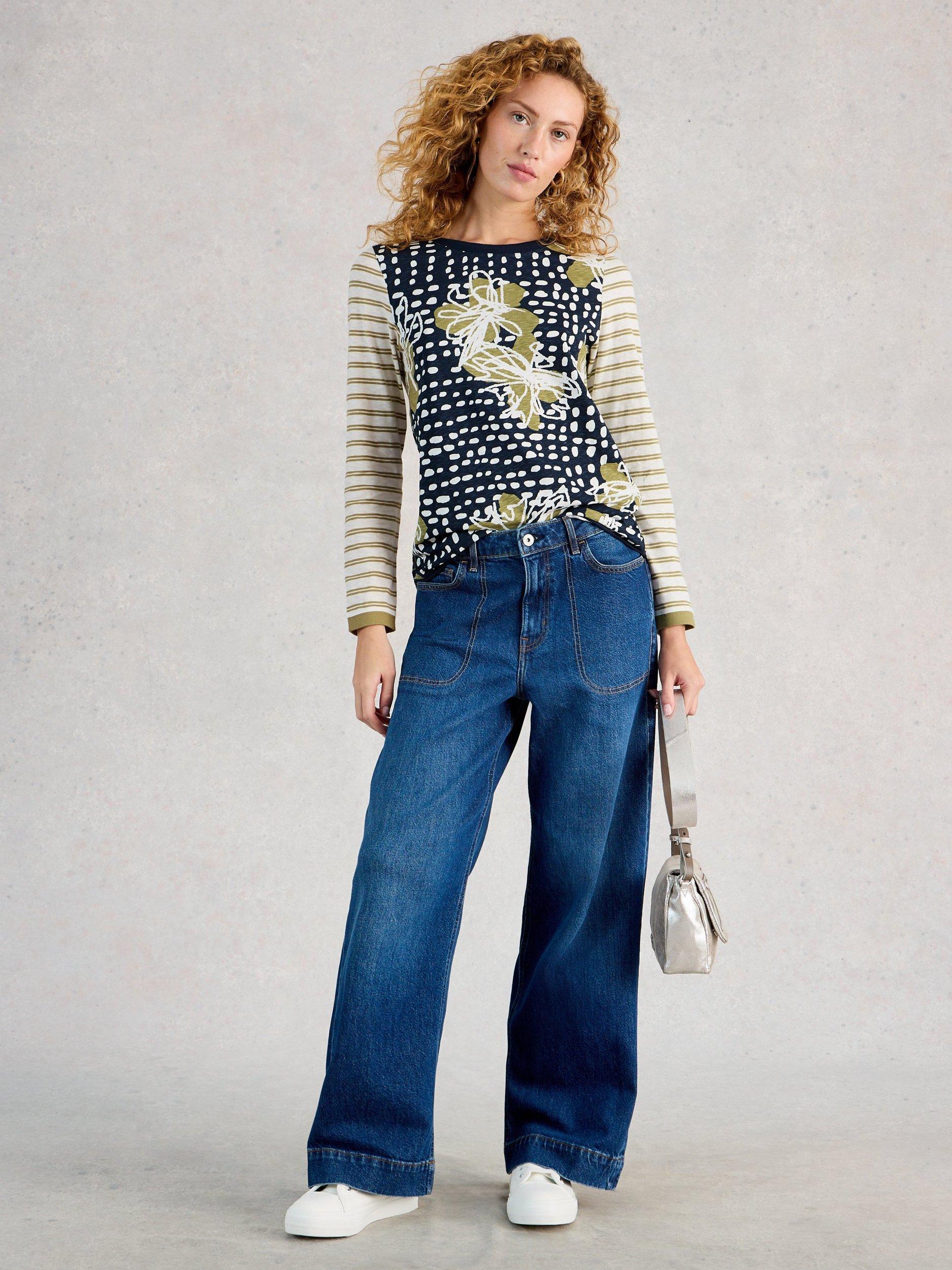 Product image 1 of 6, which shows White Stuff Clara Floral Stripe Sleeve Jersey Top, Green/Multi, 6