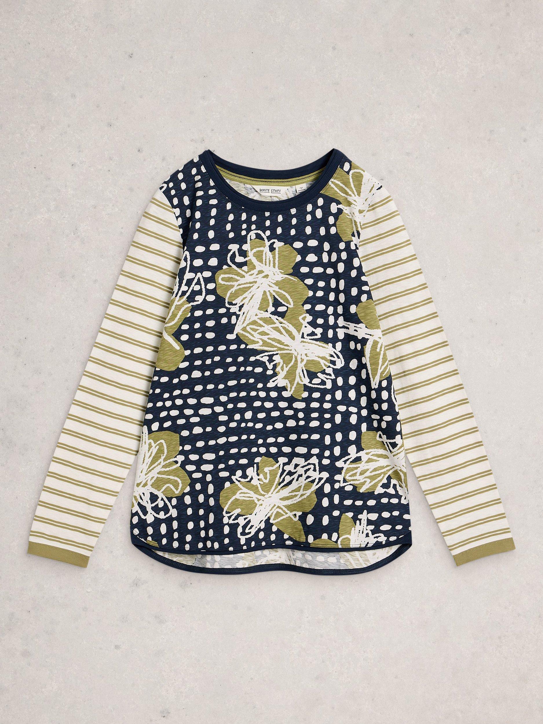 Product image 5 of 6, which shows White Stuff Clara Floral Stripe Sleeve Jersey Top, Green/Multi, 6