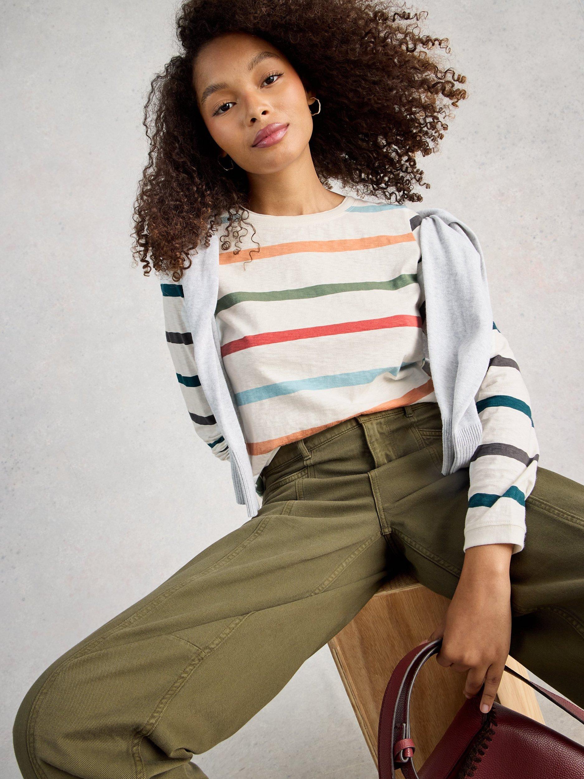 Product image 4 of 5, which shows White Stuff Clara Stripe Jersey Top, Ivory/Multi, 6