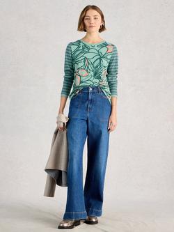 White Stuff Clara Floral Stripe Sleeve Jersey Top, Teal/Multi, Teal/Multi