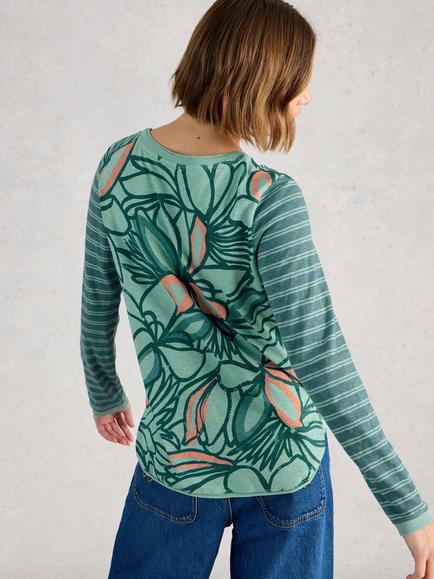 White Stuff Clara Floral Stripe Sleeve Jersey Top, Teal/Multi - view 2, Teal/Multi