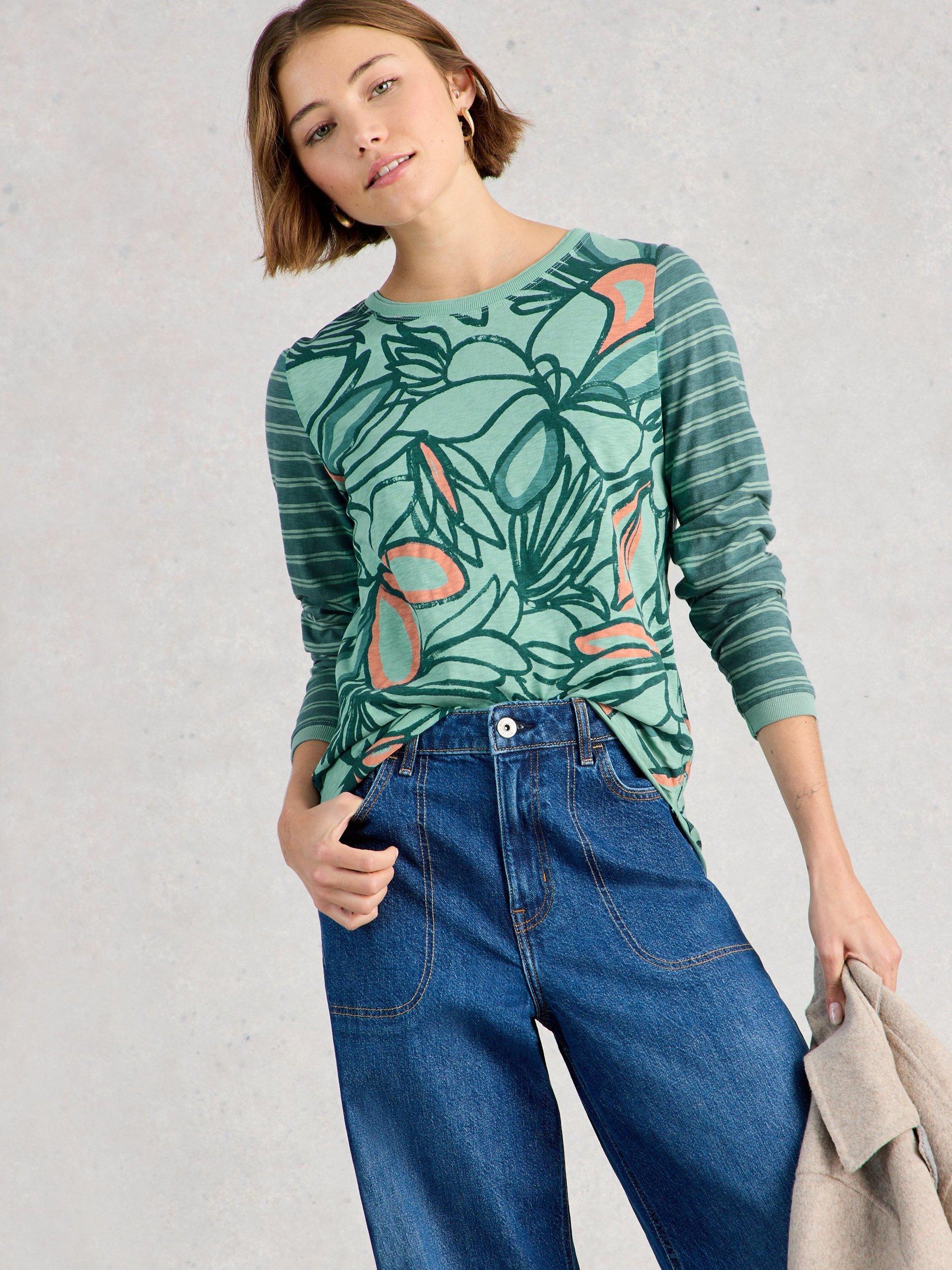 Product image 3 of 6, which shows White Stuff Clara Floral Stripe Sleeve Jersey Top, Teal/Multi, 6