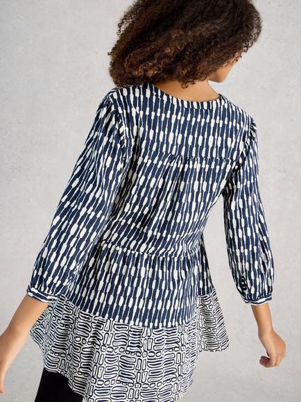White Stuff Marta V-Neck Cotton Tunic - view 2, Navy/Multi