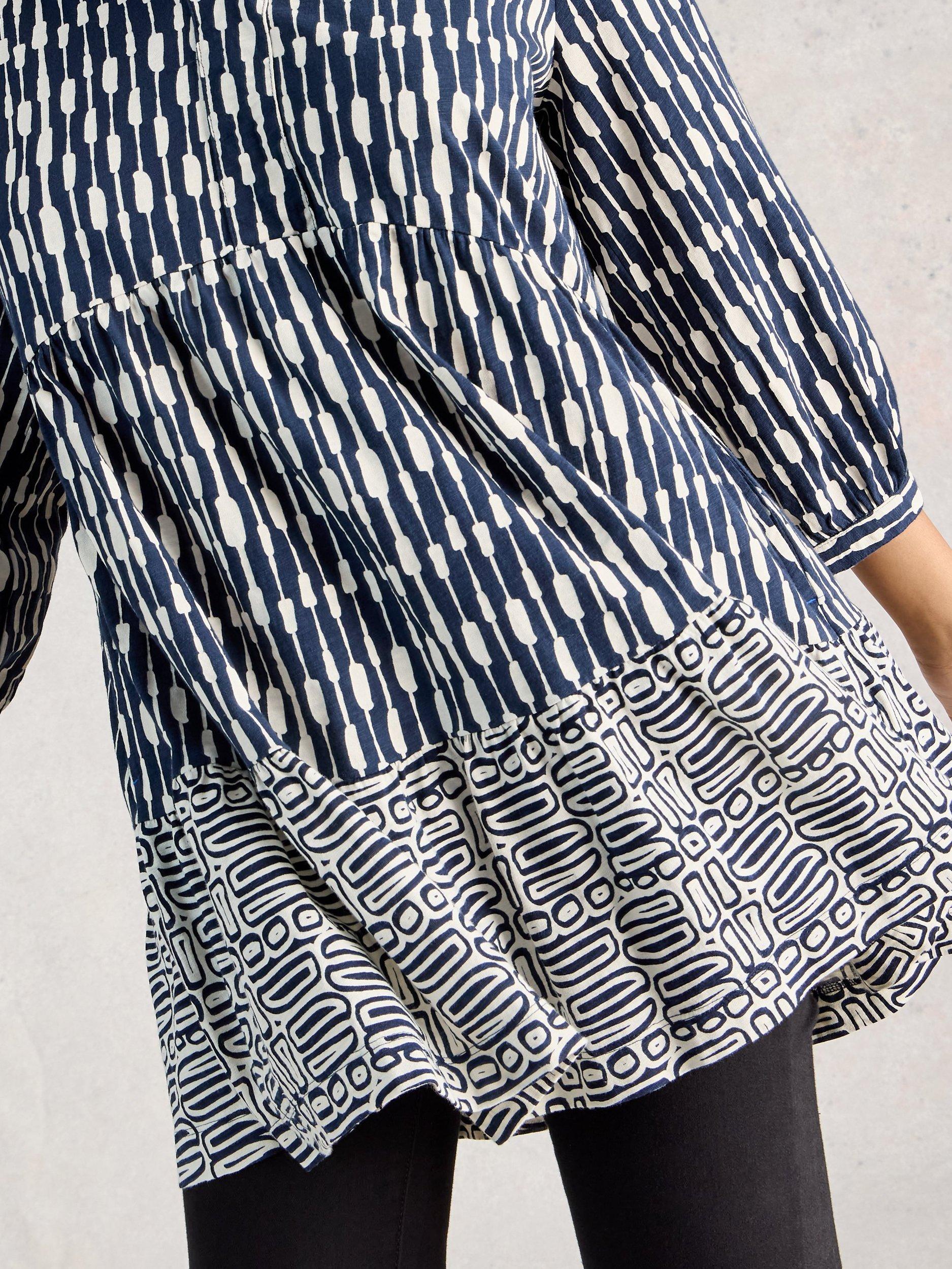 Product image 3 of 6, which shows White Stuff Marta V-Neck Cotton Tunic , Navy/Multi, 6