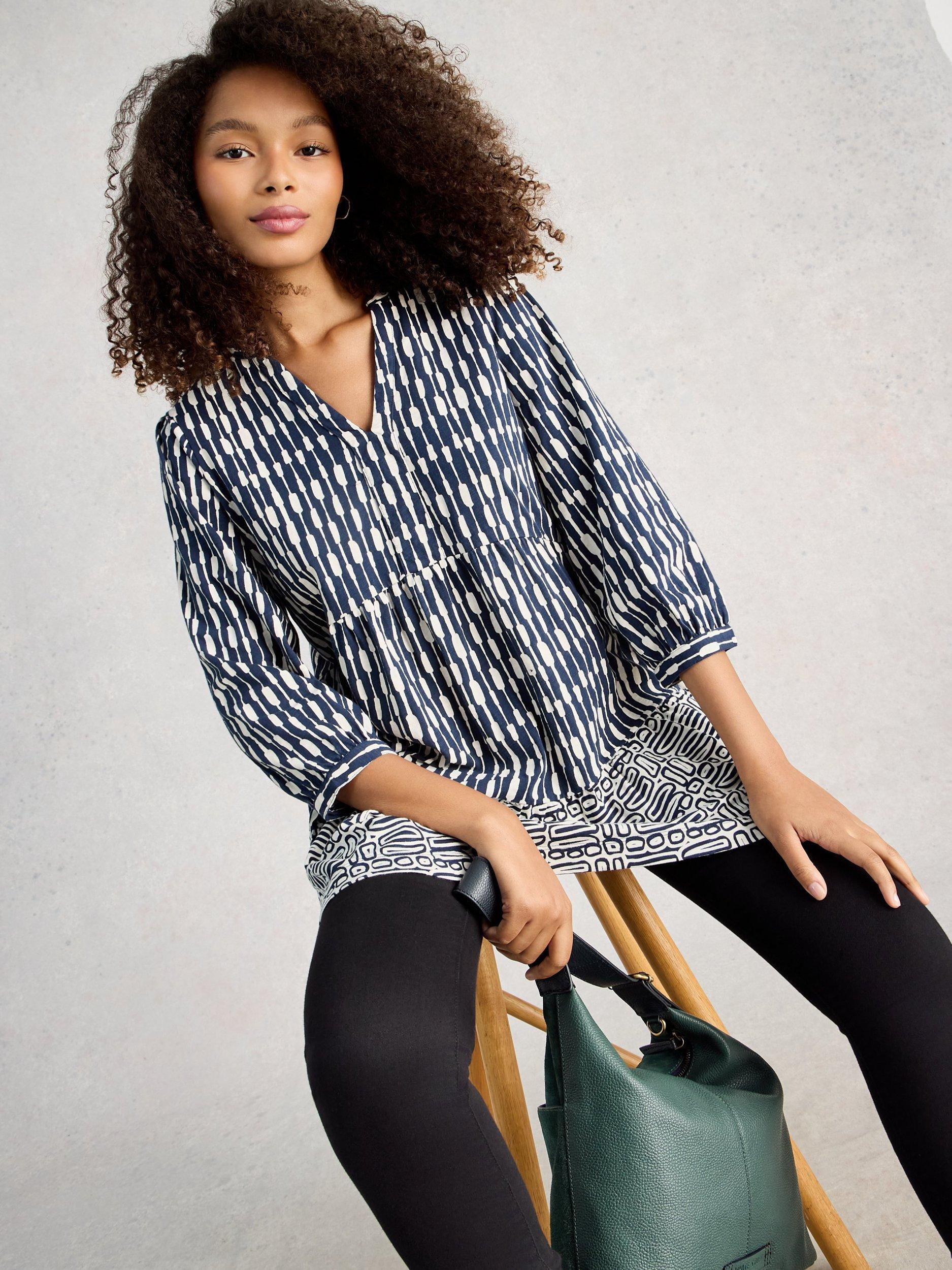Product image 4 of 6, which shows White Stuff Marta V-Neck Cotton Tunic , Navy/Multi, 6