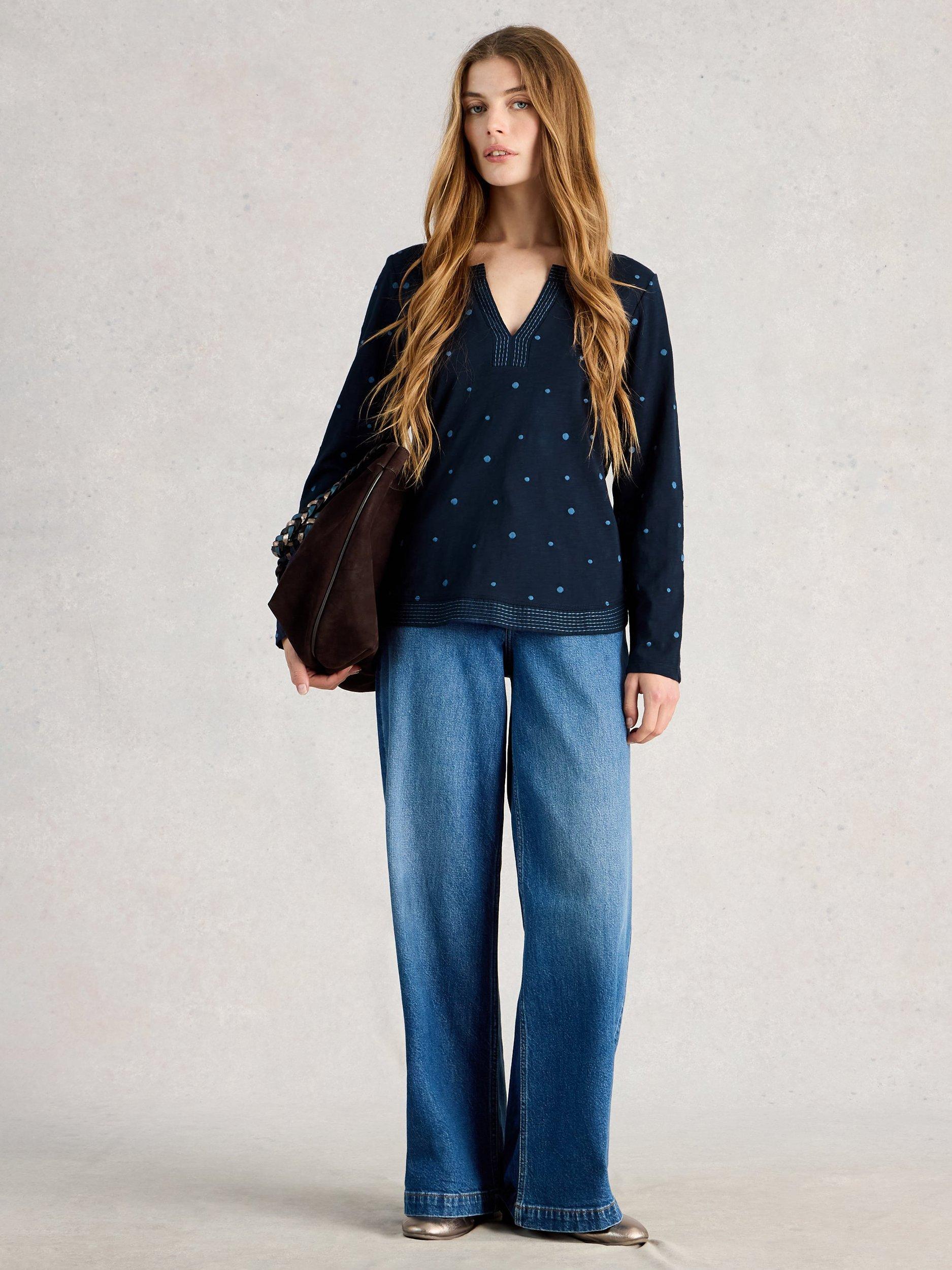 Product image 1 of 6, which shows White Stuff Weaver Polka Dot Notch Neck Top, Blue, 6