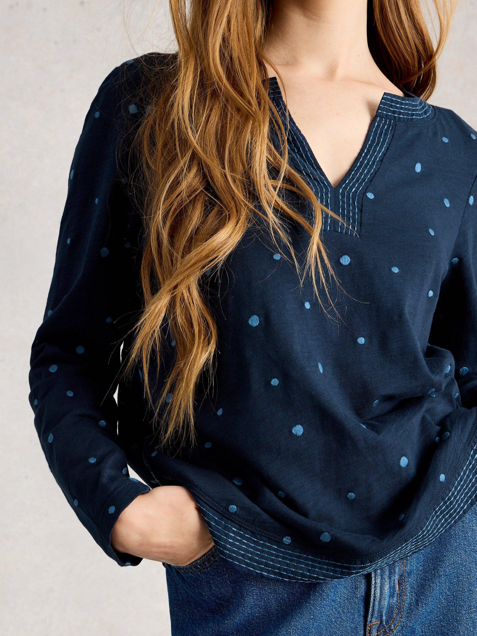 Product image 3 of 6, which shows White Stuff Weaver Polka Dot Notch Neck Top, Blue, 6