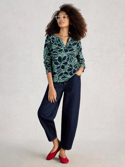White Stuff Weaver Floral Notch Neck Top, Blue, Blue