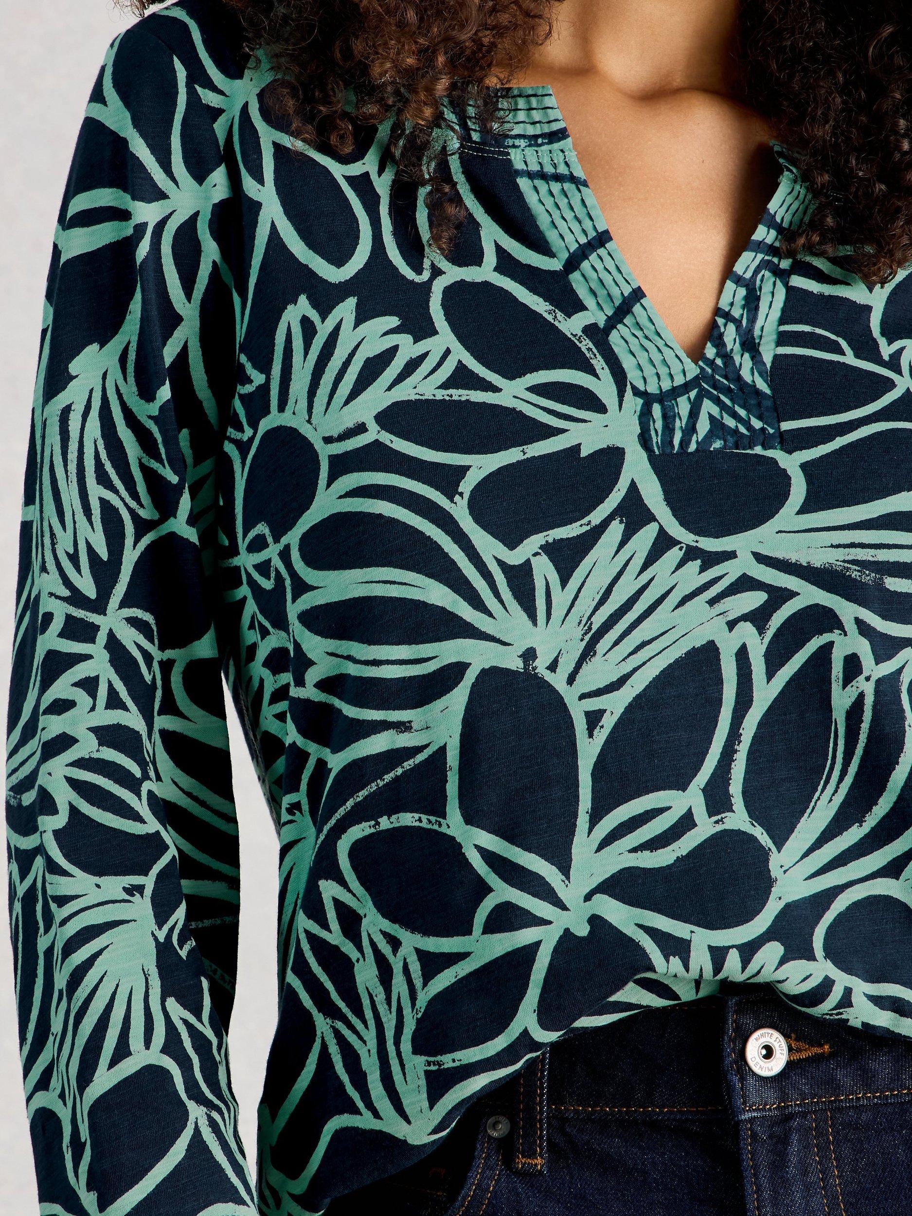Product image 3 of 6, which shows White Stuff Weaver Floral Notch Neck Top, Blue, 6