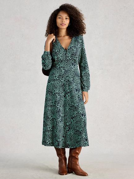 White Stuff Megan Leaves Jersey Dress, Pale Blue/Black, Pale Blue/Black