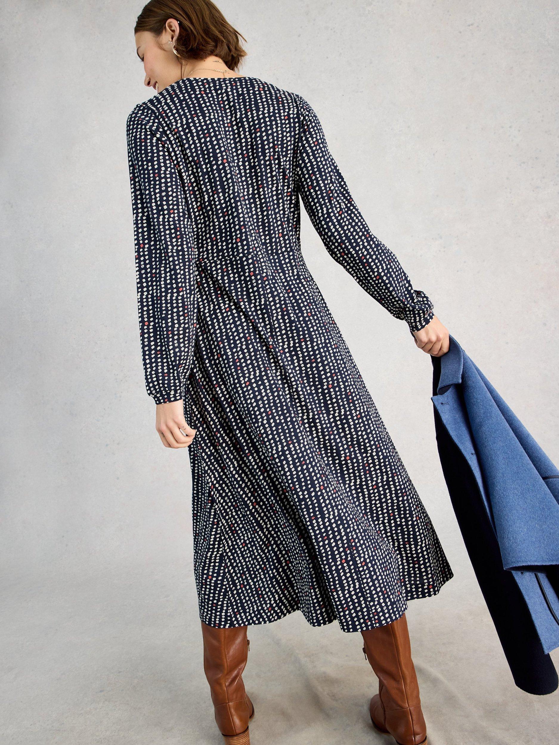 Product image 2 of 6, which shows White Stuff Megan Spot Print Jersey Dress, Blue/Multi, 6