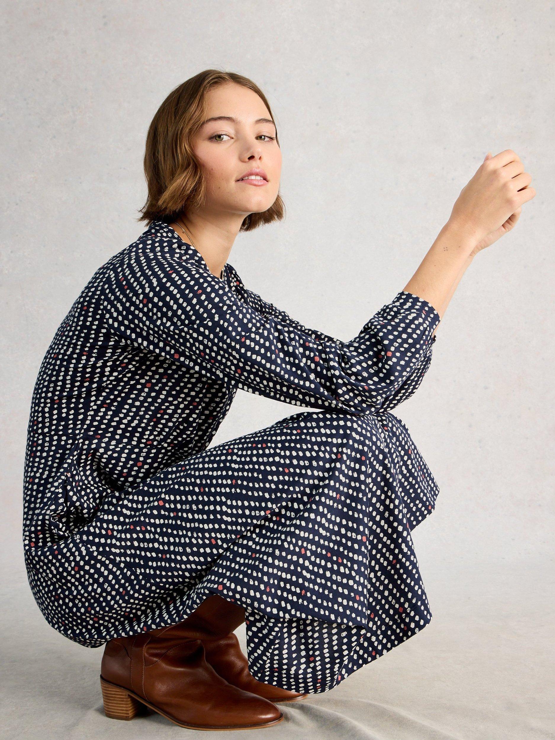 Product image 4 of 6, which shows White Stuff Megan Spot Print Jersey Dress, Blue/Multi, 6