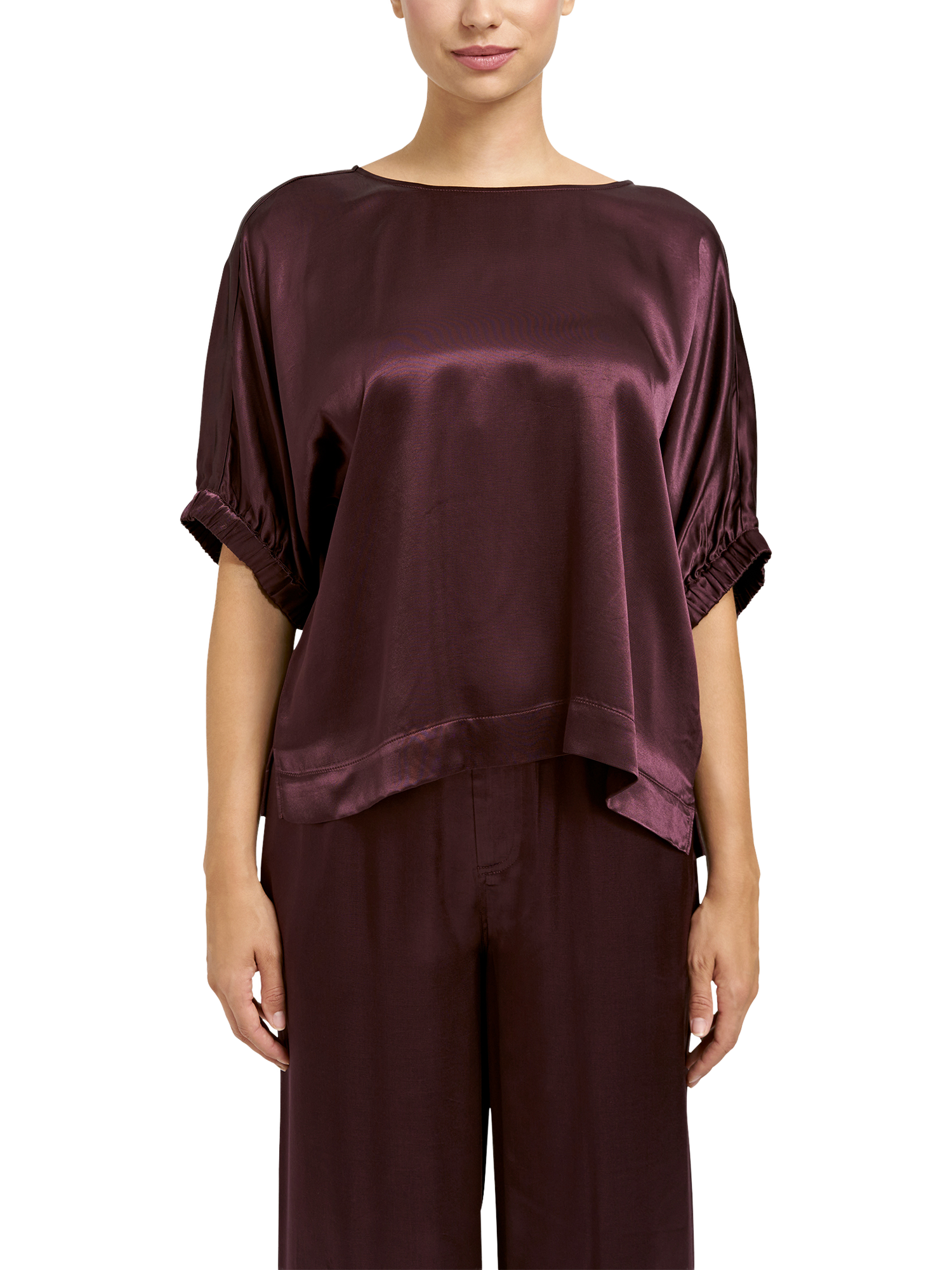 Product image 1 of 5, which shows Smith & Soul Boxy Satin Blouse, Plum, XS