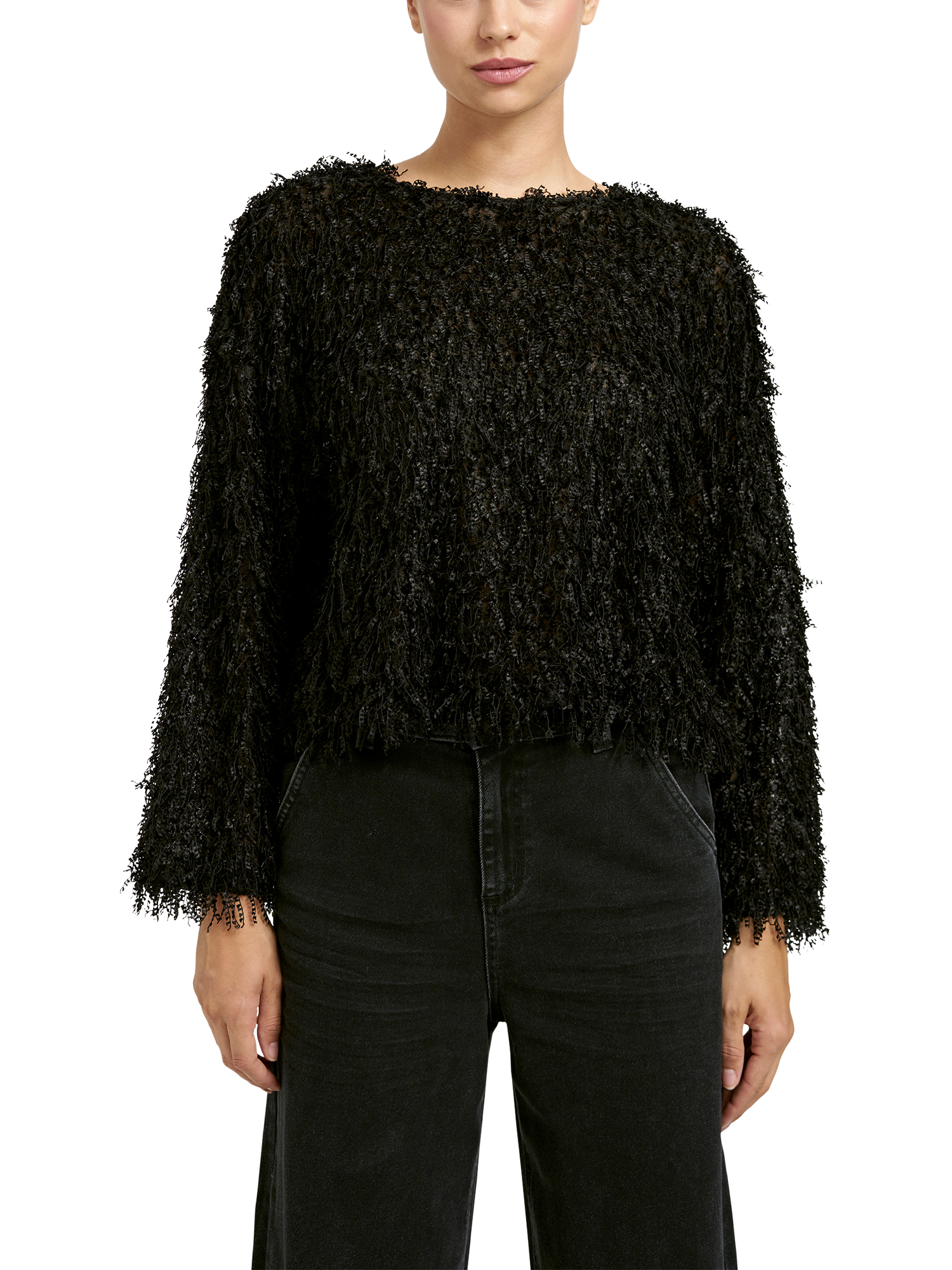 Product image 1 of 5, which shows Smith & Soul Boxy Fringed Top, Black, XS