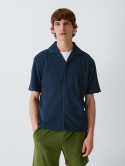 John Lewis Towelling Revere Collar Short Sleeve Shirt, Blue, Blue