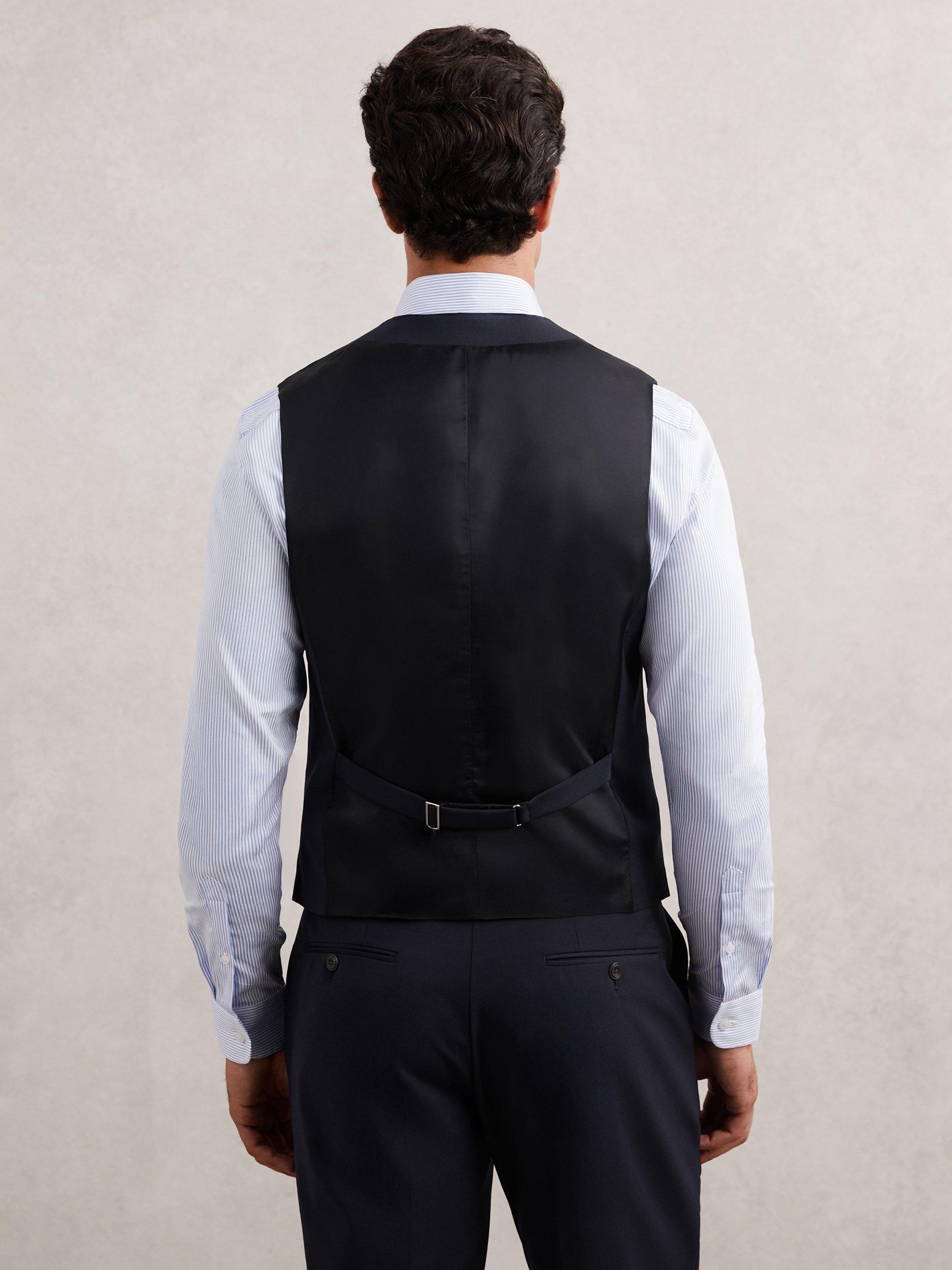 Product image 2 of 5, which shows Reiss Promise Single Breasted Wool Blend Waistcoat, Navy, 36