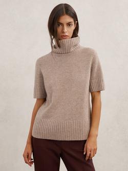 Reiss Esme Cashmere Short Sleeve Roll Neck Jumper, Oatmeal Neutral