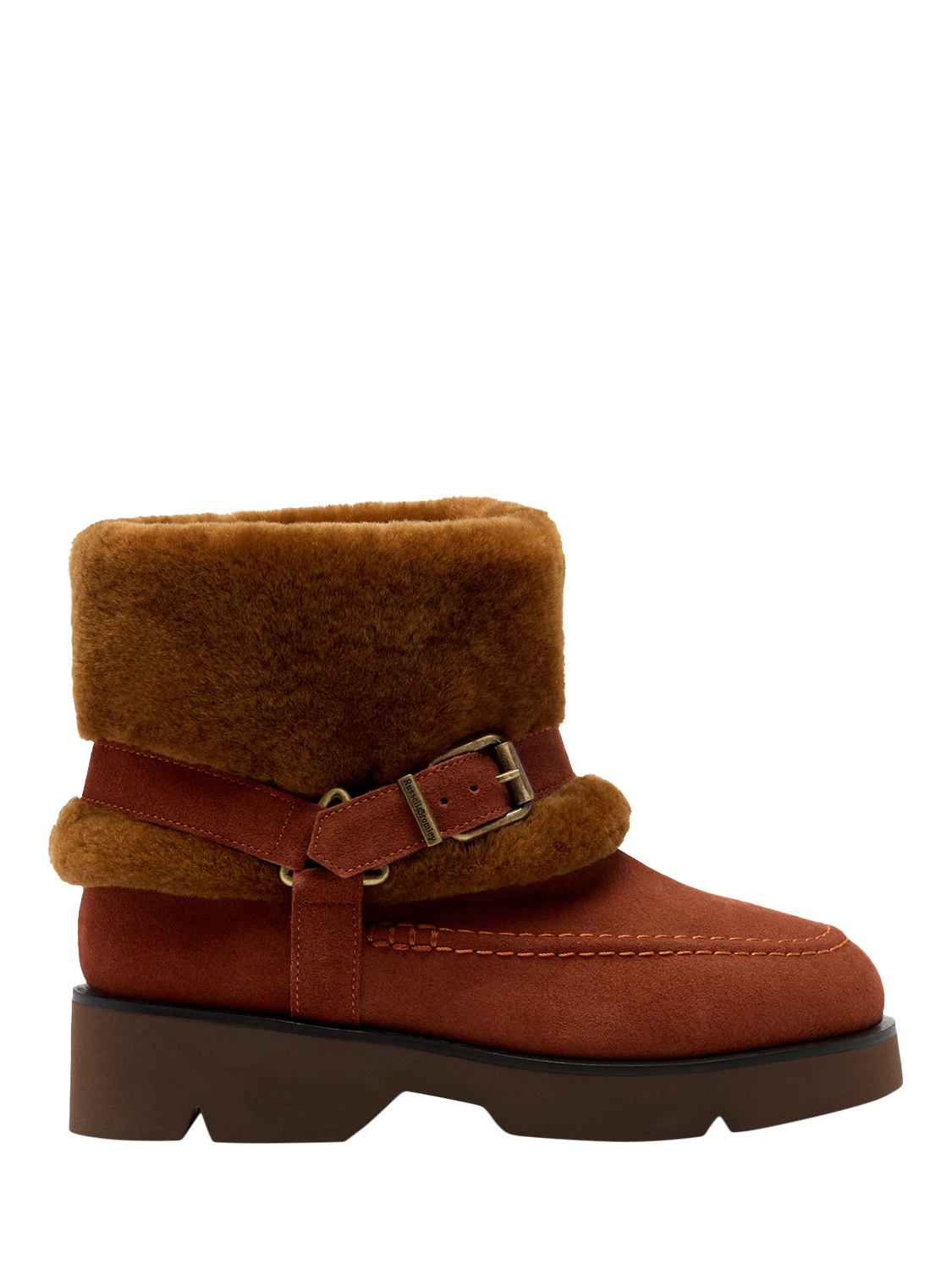 Product image 1 of 4, which shows Russell & Bromley Midlewich Suede Double Shearling Harness Ankle Boots, Orange, 4