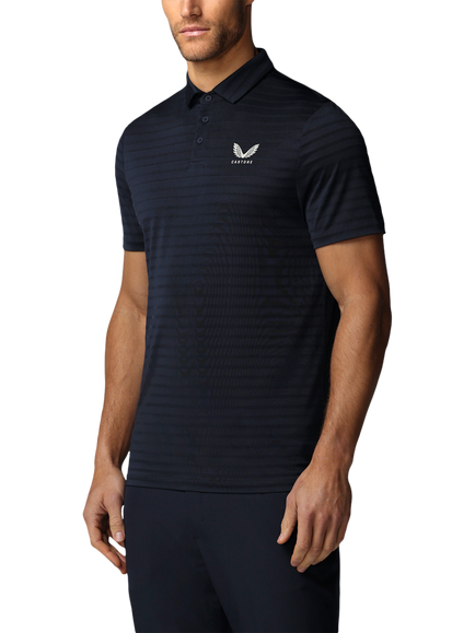 Castore Golf Pique Stripe Short Sleeve Polo Top, Navy/Alloy, Navy/Alloy