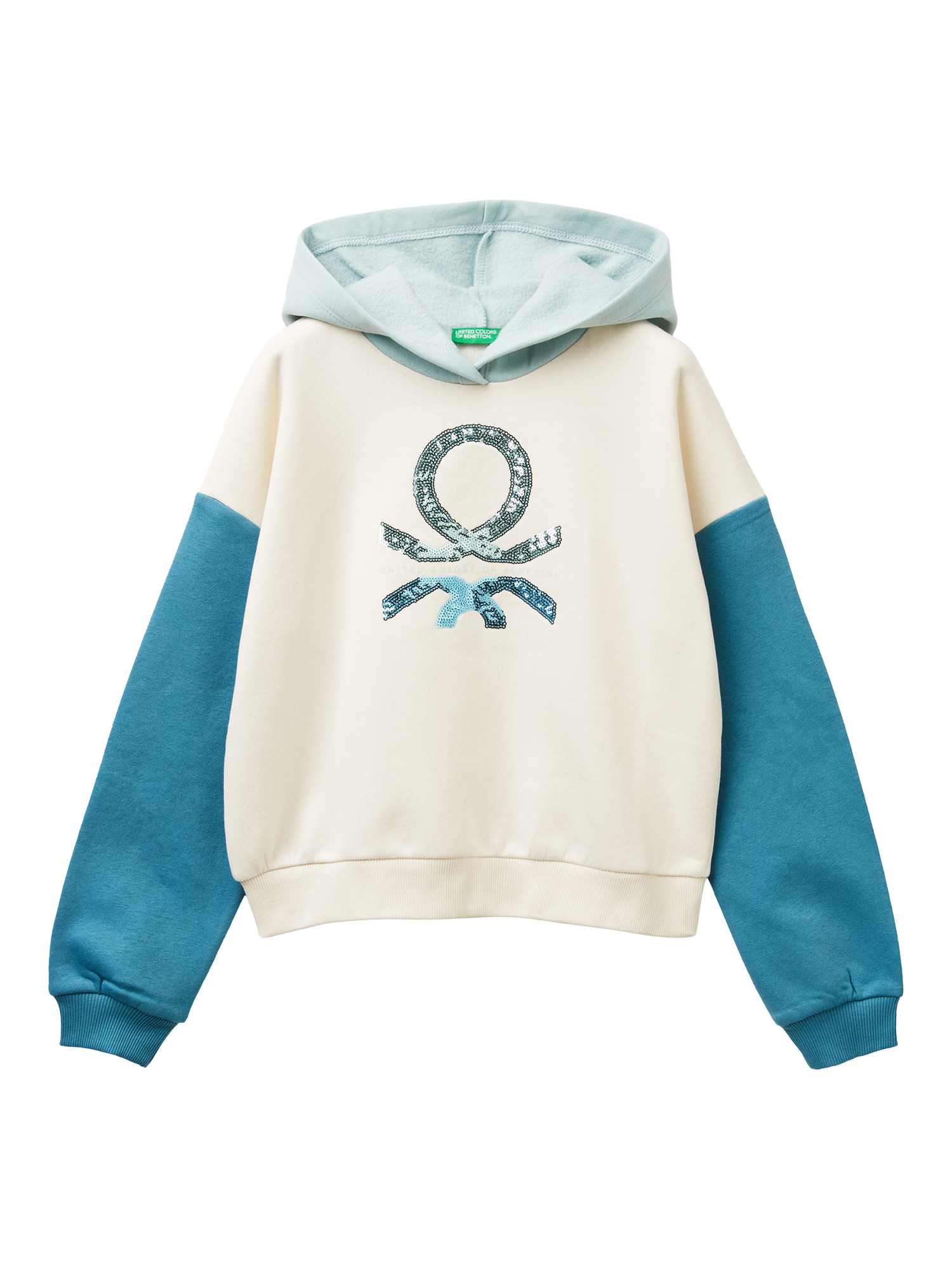 Product image 1 of 3, which shows Benetton Cropped Long Sleeve Ribbed Cuff Hoodie , Blue/Multi, 11-12 yrs