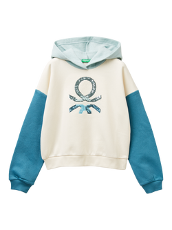 Benetton Cropped Long Sleeve Ribbed Cuff Hoodie, Blue/Multi