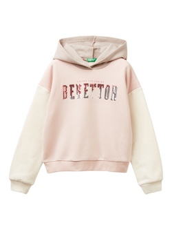 Benetton Kids' Cropped Long Sleeve Ribbed Cuff Hoodie, Multicolor