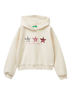 Benetton Kids' Cropped Long Sleeve Ribbed Cuff Hoodie, White