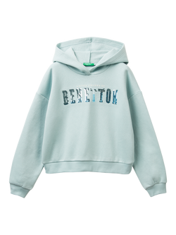 Benetton Kids' Cotton Blend Logo Hoodie, Green, Green