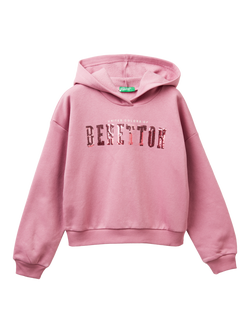 Benetton Kids' Cropped Long Sleeve Ribbed Cuff Hoodie, Pink