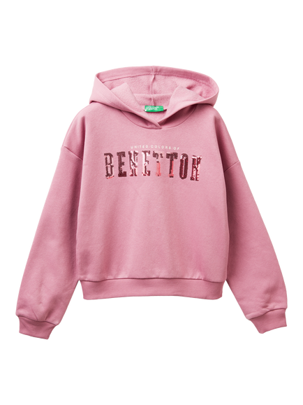Benetton Kids' Cropped Long Sleeve Ribbed Cuff Hoodie, Pink