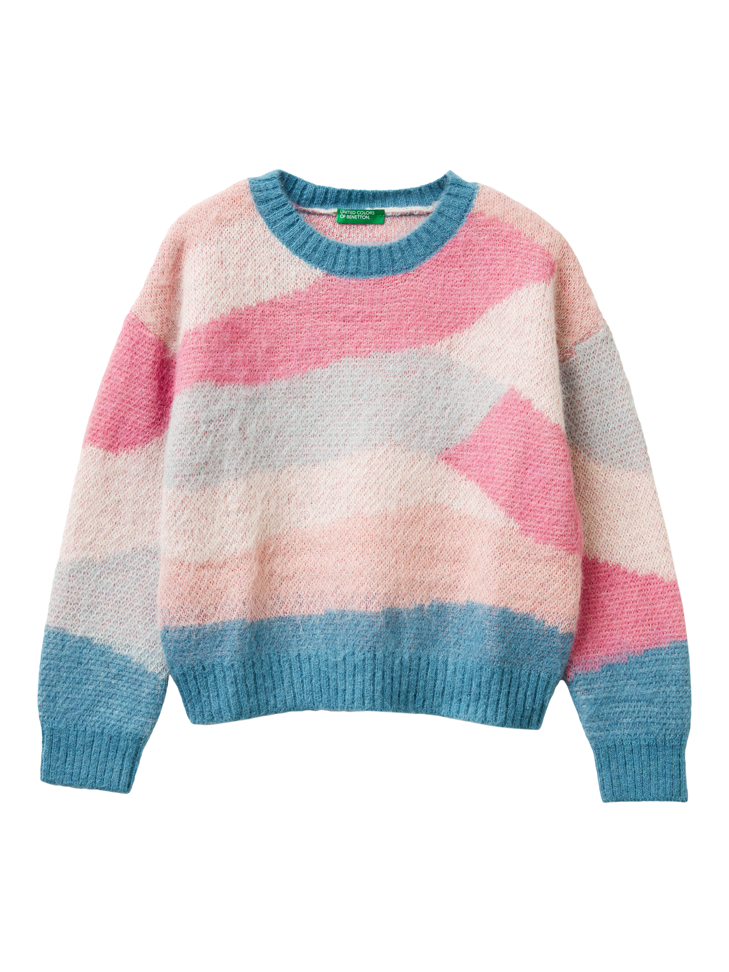 Product image 1 of 3, which shows Benetton Kids' Brushed Long Sleeve Colour Block Jumper, Blue/Multi, 6-7 yrs