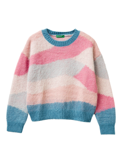 Benetton Kids' Brushed Long Sleeve Colour Block Jumper, Blue/Multi
