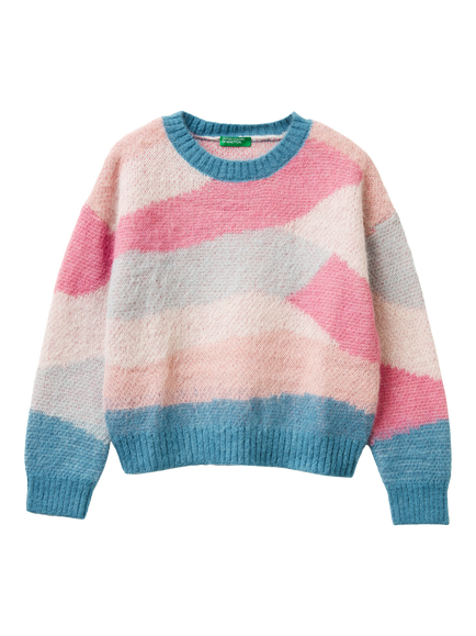 Benetton Kids' Brushed Long Sleeve Colour Block Jumper, Blue/Multi