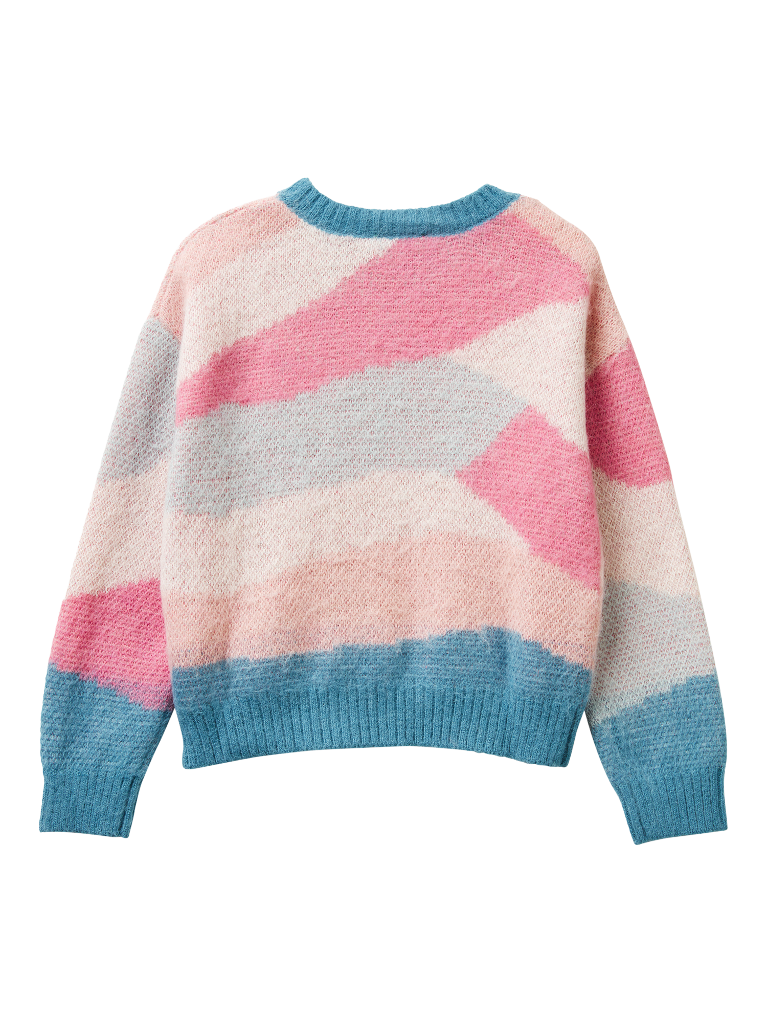 Product image 2 of 3, which shows Benetton Kids' Brushed Long Sleeve Colour Block Jumper, Blue/Multi, 6-7 yrs