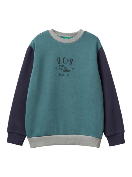 Benetton Kids' Brushed Cotton Blend Logo Sweatshirt, Blue/Multi, Blue/Multi