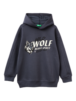 Benetton Kids' Cotton Blend Wolf Print Hoodie, Blue, Blue