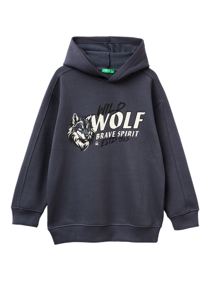 Benetton Kids' Cotton Blend Wolf Print Hoodie, Blue, Blue