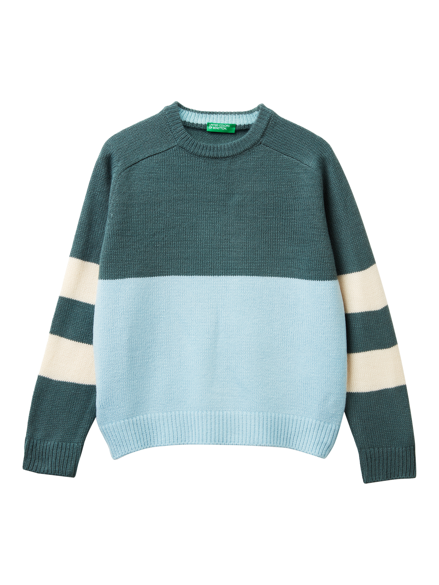 Product image 1 of 3, which shows Benetton Kids' Crew Neck Colour Block Jumper, Grey, 11-12 years
