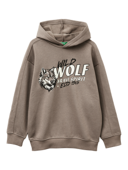 Benetton Kids' Cotton Blend Wolf Print Hoodie, Brown, Brown