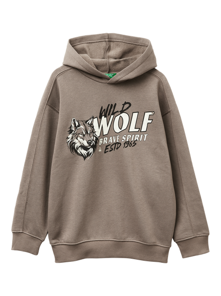 Benetton Kids' Cotton Blend Wolf Print Hoodie, Brown, Brown