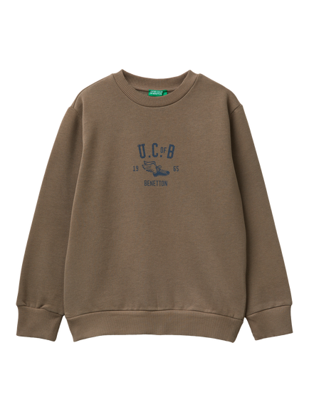 Benetton Kids' Brushed Cotton Blend Logo Sweatshirt, Brown, Brown